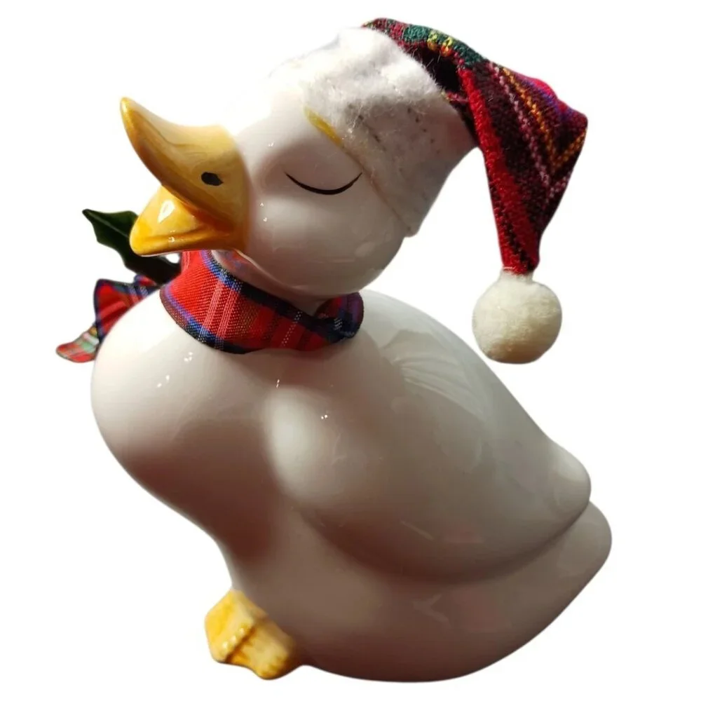 Vintage Holiday Ceramic Duck Figurine W/ Hat & Plaid Scarf White/Yellow 7